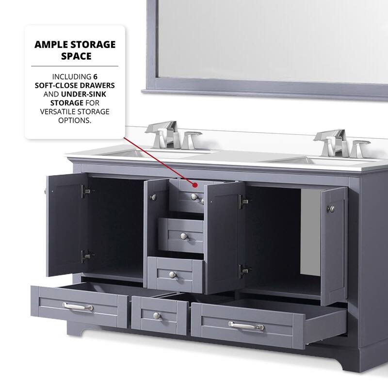 Dukes 60 in. W x 22 in. D White Double Bath Vanity, Cultured Marble Top, Faucet Set, and 58 in. Mirror