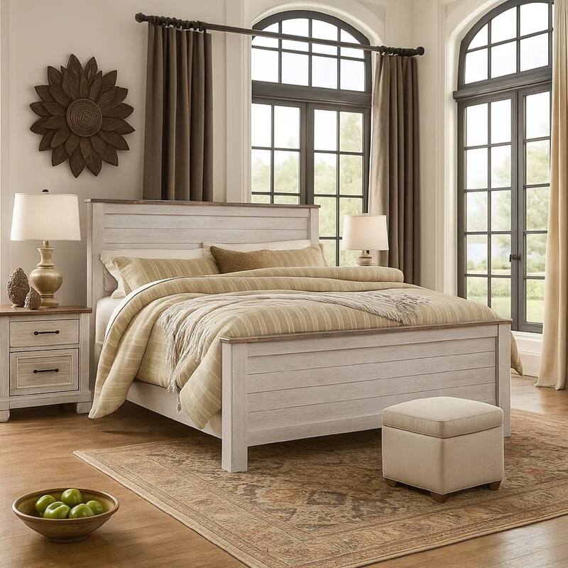 Isla King Panel Bed, Faux Planks Block Pattern, Whitewash & Brown Wood