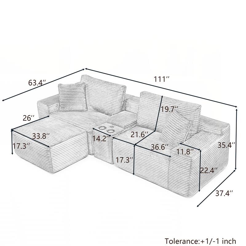 Modular Sectional Sofa, Deep Seat Corduroy Cloud Couch with Cup Holders, USB Ports & Storage Box