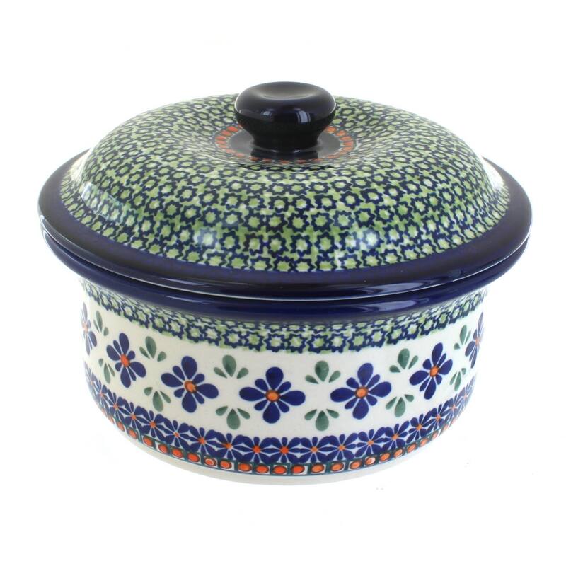 Blue Rose Polish Pottery 887 Zaklady Round Baker with Lid - Mosaic Flower