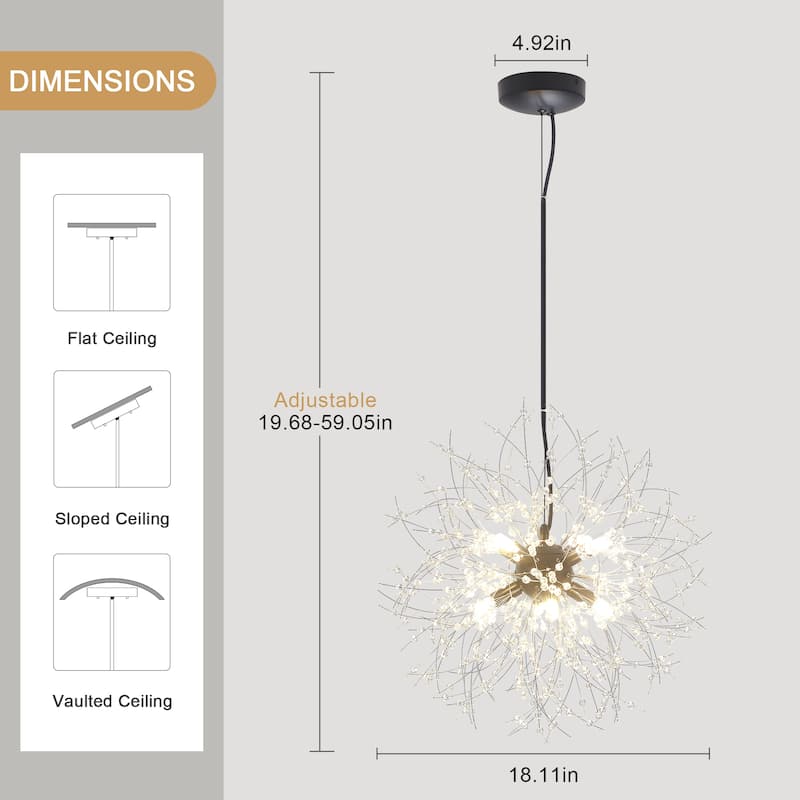 8-Light Modern Sputnik Chandelier, Crystal Flower Ball Semi Flush Mount Chandelier, Farmhouse Pendant Light for Dining Room