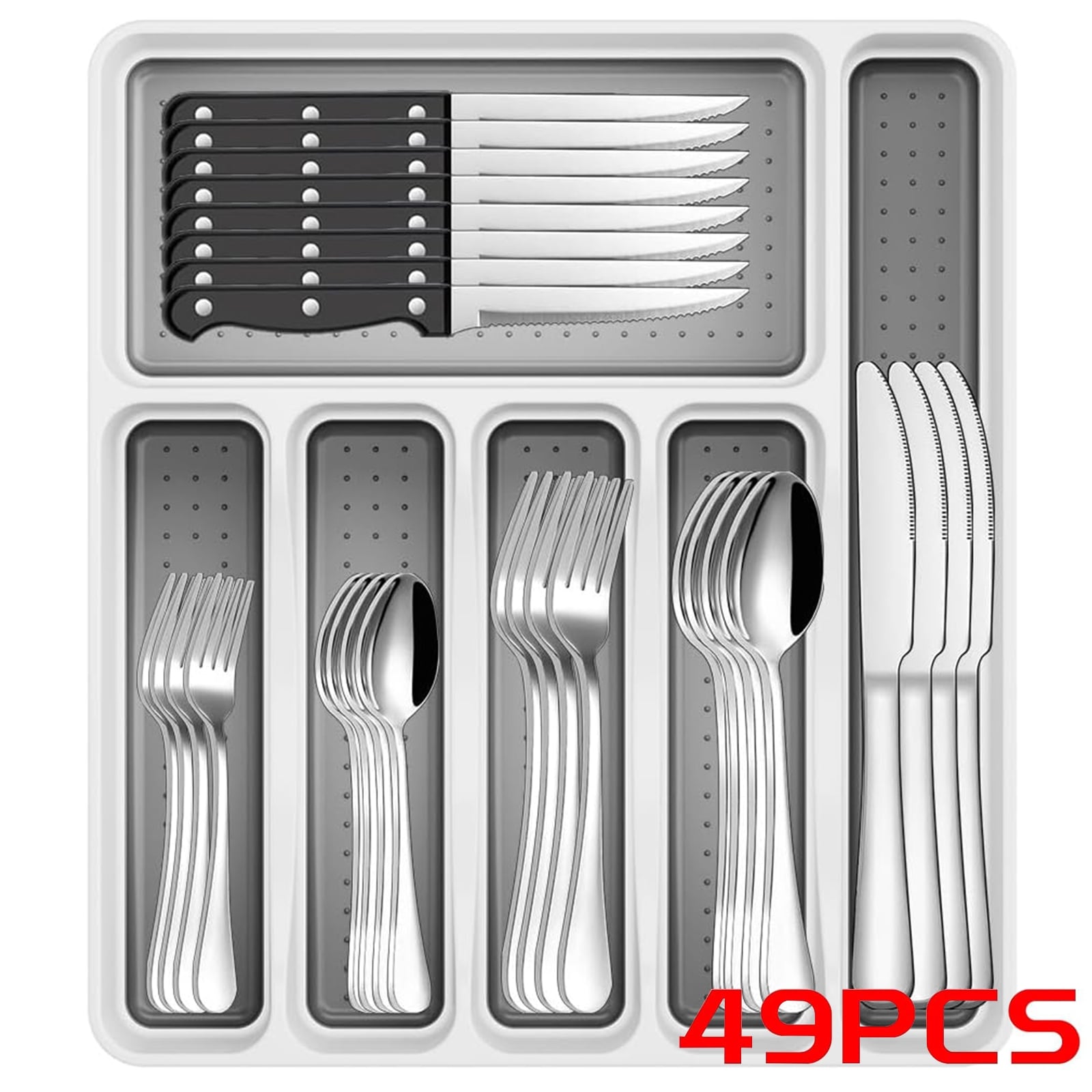 49 Piece Stainless Steel Silverware Set with Drawer Organizer for 8