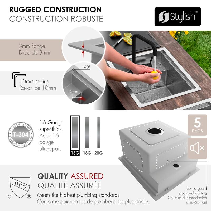 Concealed Dual-Mount 20" Stainless Steel Utility Sink, 1-Hole Prep, Dura-Tek Finish, Handmade