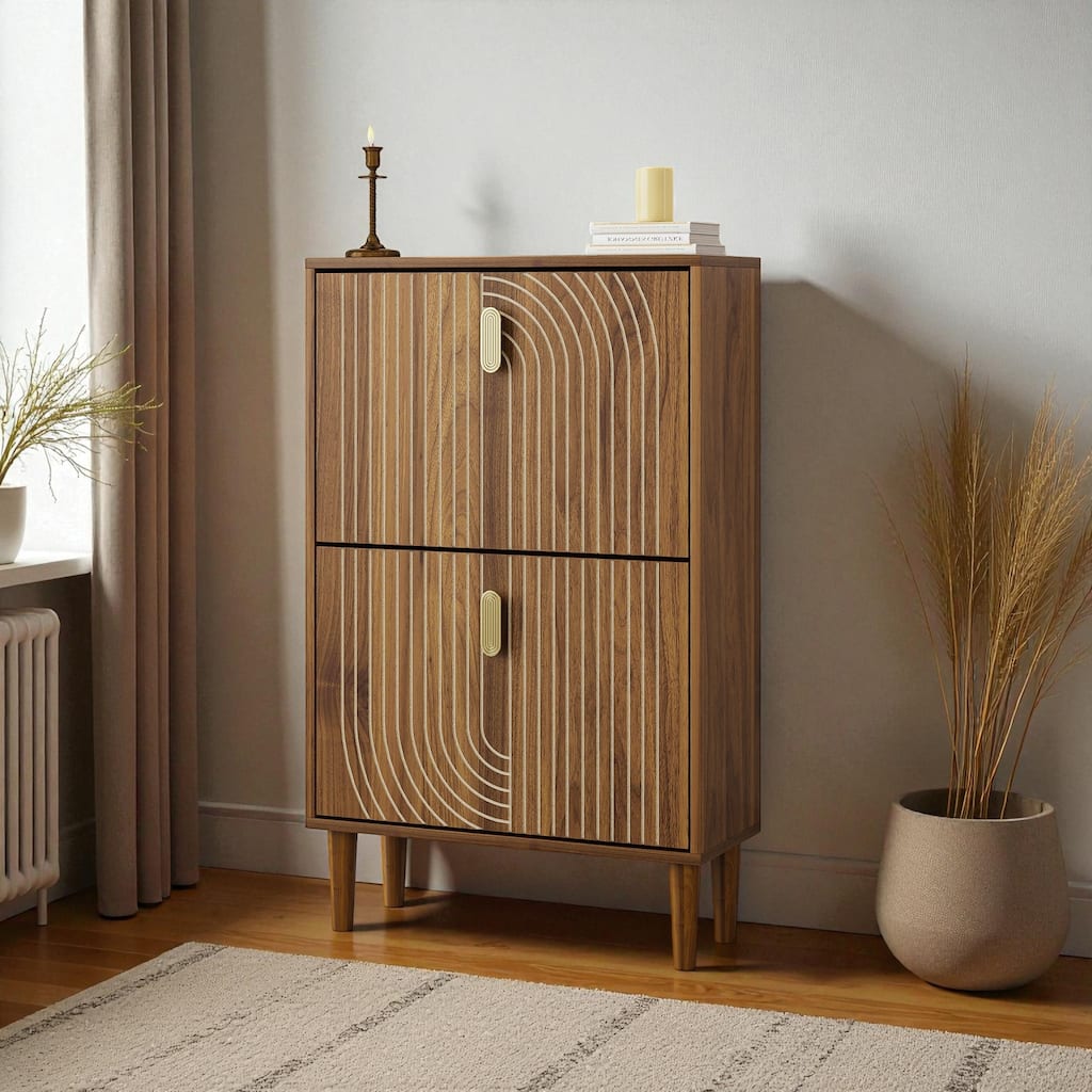 23.6" Shoe Storage Cabinet with 2 Flip Drawers, Modern Freestanding Shoe Organizer with Metal Handles for Entryway