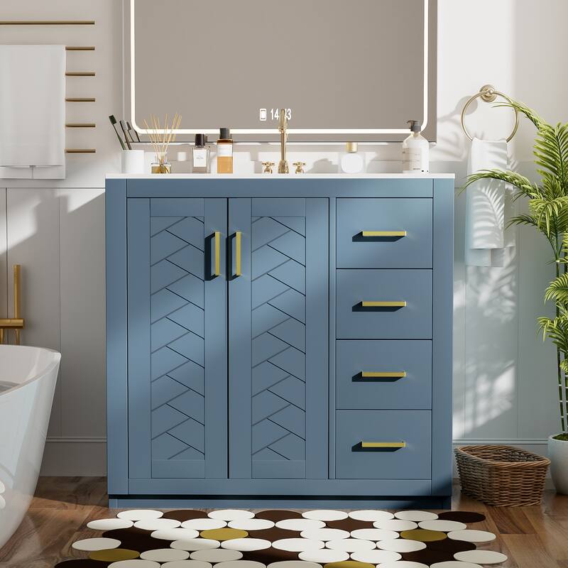 Freestanding Geometric Pattern Bathroom Vanity Solid Wood Frame Storage Cabinet with Sink, 3 Drawers and Soft Closing Doors