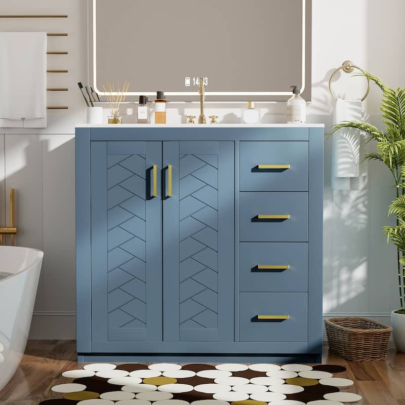 Roomfitters 36 Inch Bathroom Vanity with Ceramic Sink Combo, Solid Wood Frame Freestanding Storage Cabinet with 3 Drawers - Blue