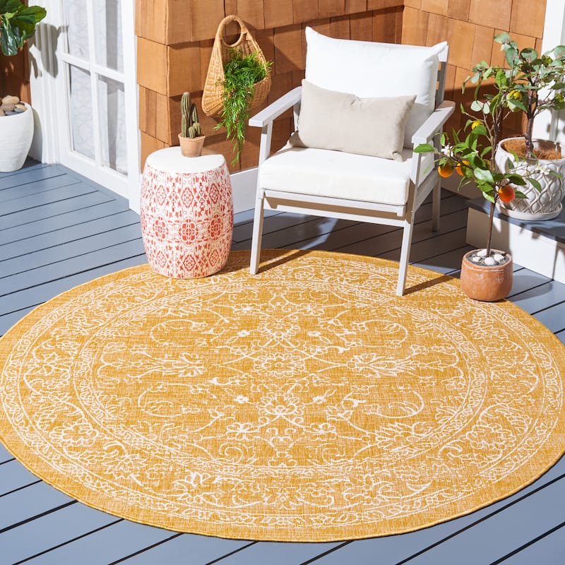 SAFAVIEH Courtyard Aquata Indoor/ Outdoor Waterproof Patio Backyard Rug - 6'7" Round - Gold/Ivory