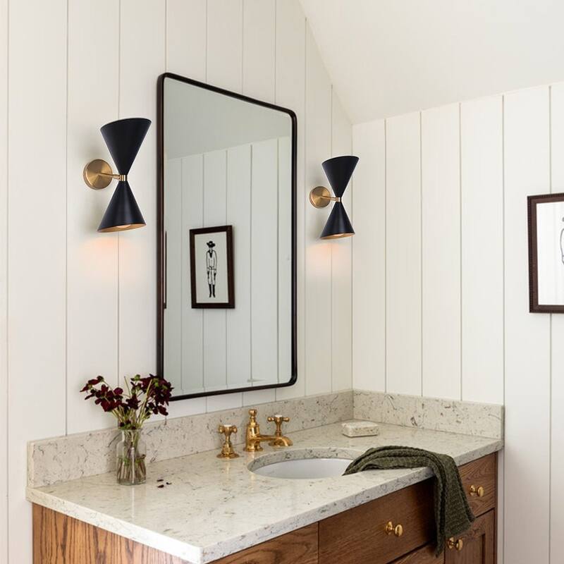 2-Light Black Gold UP Down Cone Wall Sconce