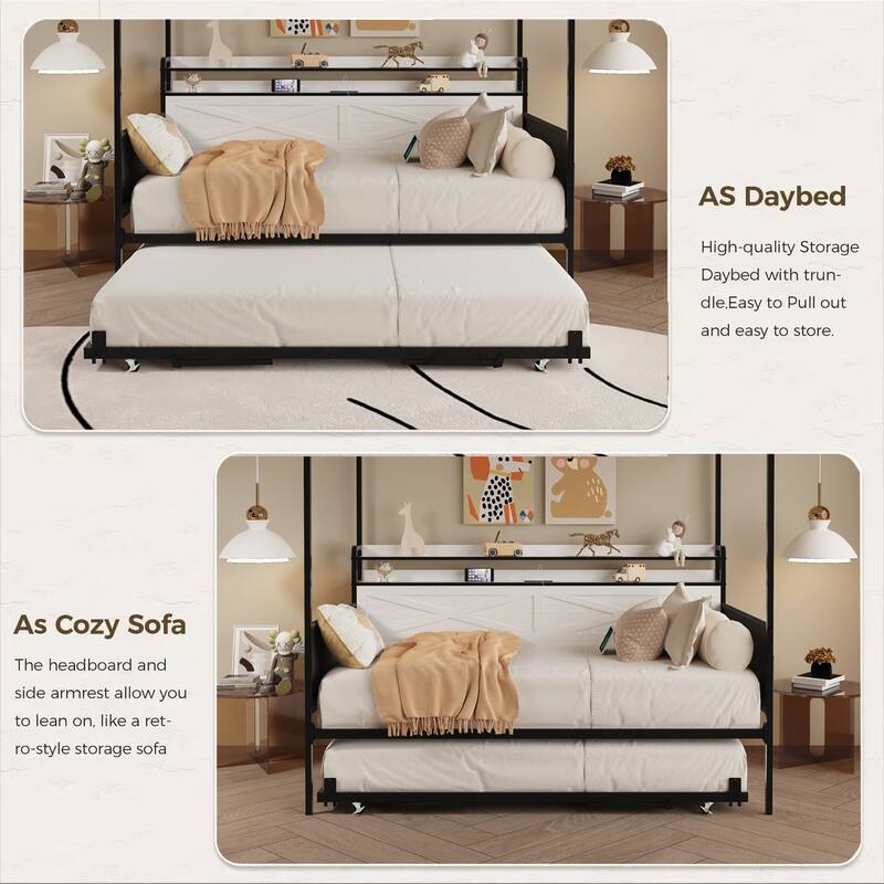 Twin Daybed with Trundle, Metal Trundle Bed Frame with Guardrail Enclosures