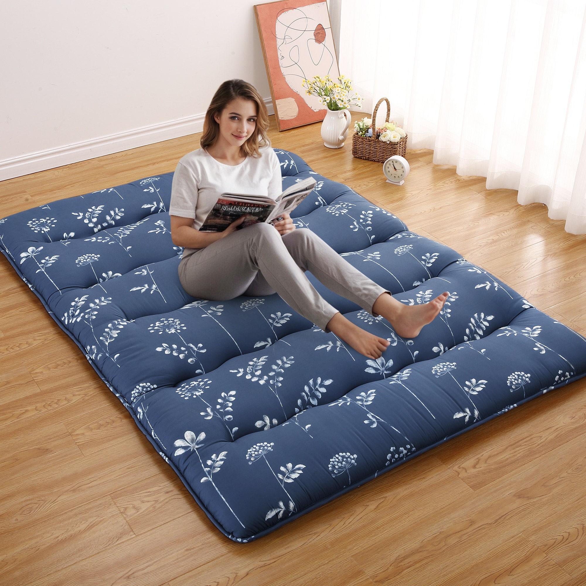 Floral Print Japanese Futon Mattress for Floor Sleeping Mat Home Indoor