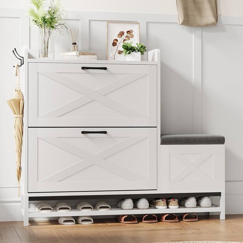 Shoe Cabinet with 2 Flip-Drawers & Storage Bench, Farmhouse Wood Freestanding Shoe Rack