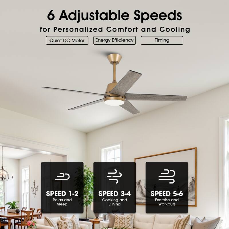 Vaczon 52" Gold Reversible Modern Smart LED Ceiling Fan with Light and App Comtrol