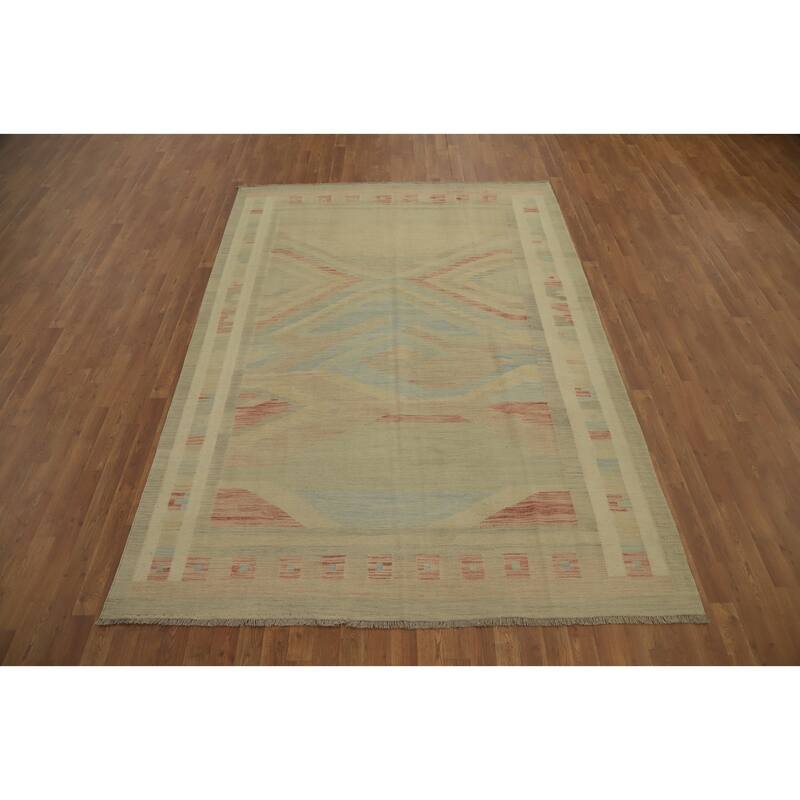 Hand Woven Oriental 100% Wool Carpet Southwestern Tribal Beige & Ivories Kilim Area Rug - 9' 8'' X 6' 8''