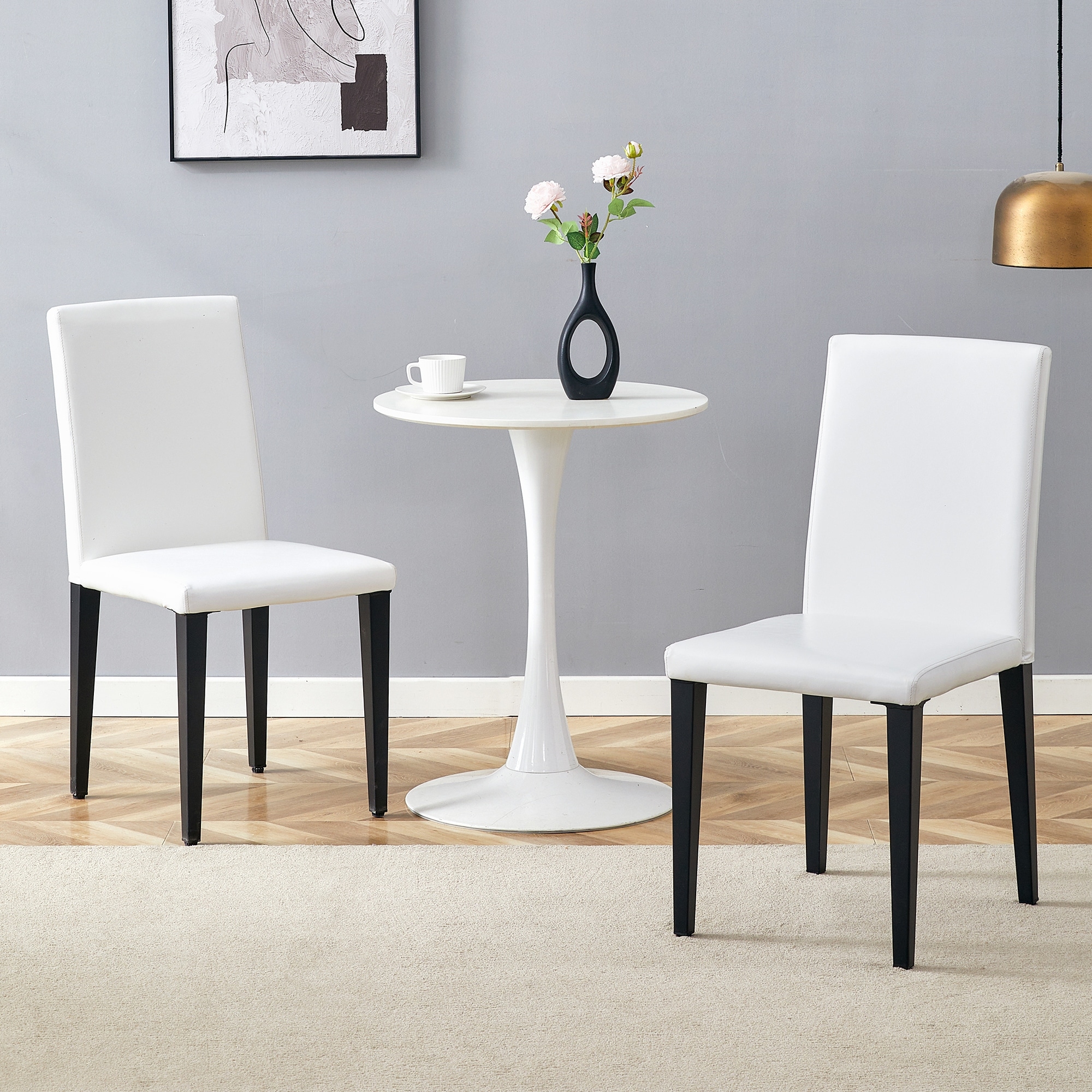 Set of 2 White PU Dining Chairs, 35.4 Inch High with Ergonomic Backrest and Sponge Seat, Perfect for Dining Room Home Office