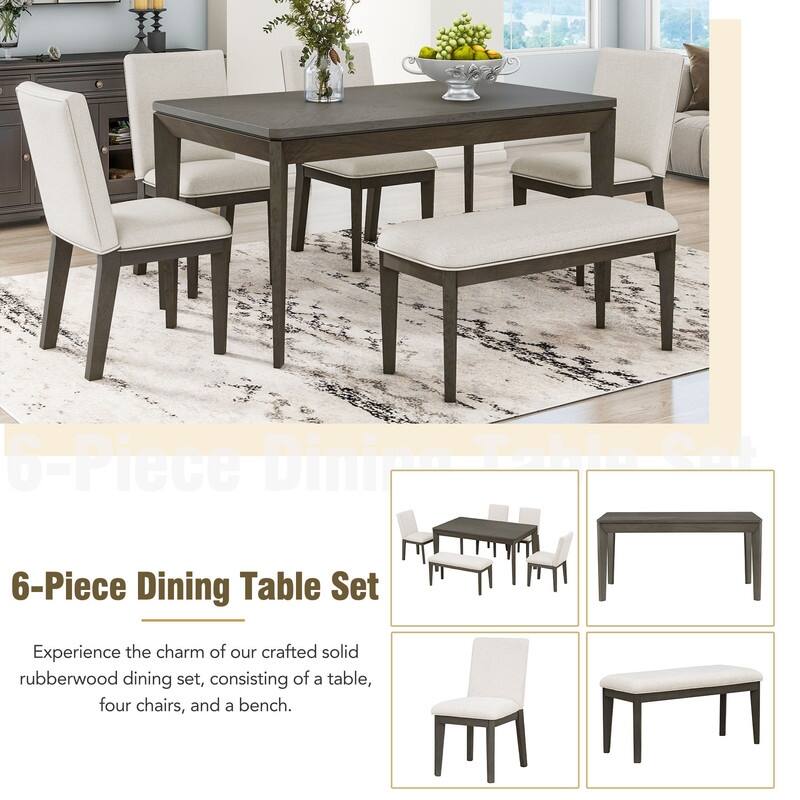 6Piece Dining Table Set with Upholstered Dining Chairs and Bench