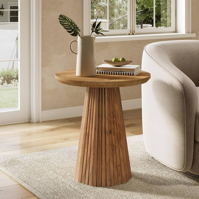 19" Solid Wood Small Round Pedestal End Side Table with Fluted Base - 19.68" W x 19.68" D x 23.62" H