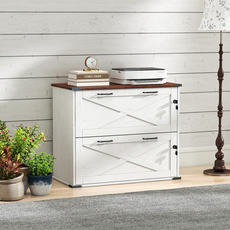 Barn Door Wooden 2 Drawers With Lock 25.79"H