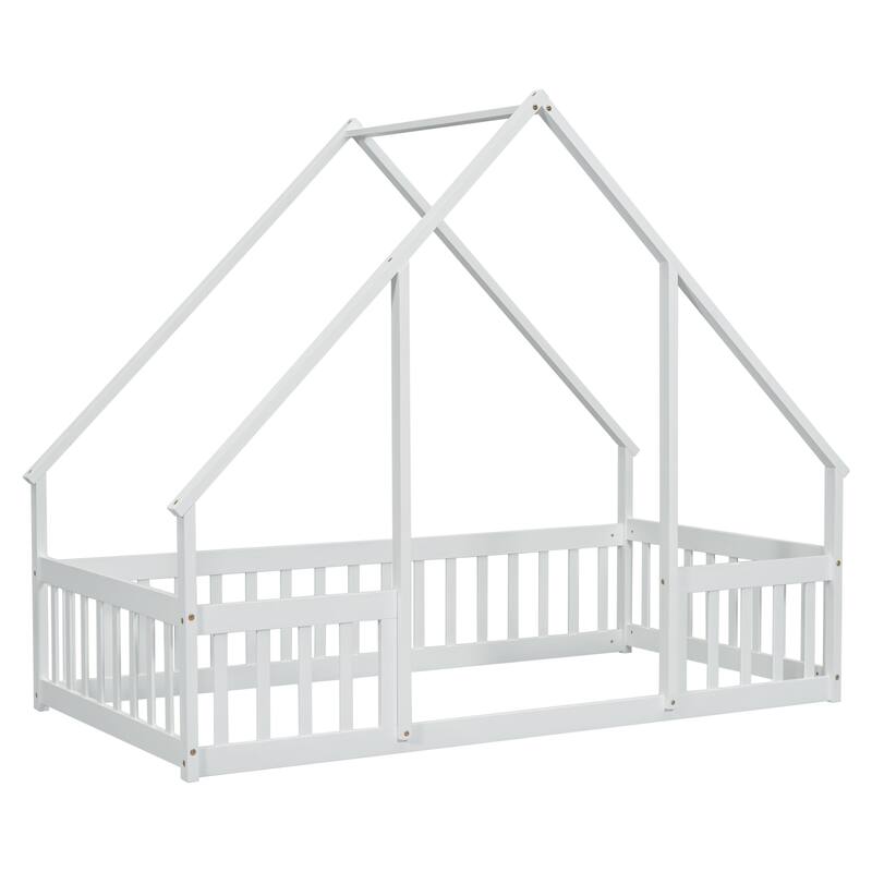 Twin Wood House-Shaped Floor Bed with Guardrails and Fence, Natural Pine Wood Construction for Kids Bedroom