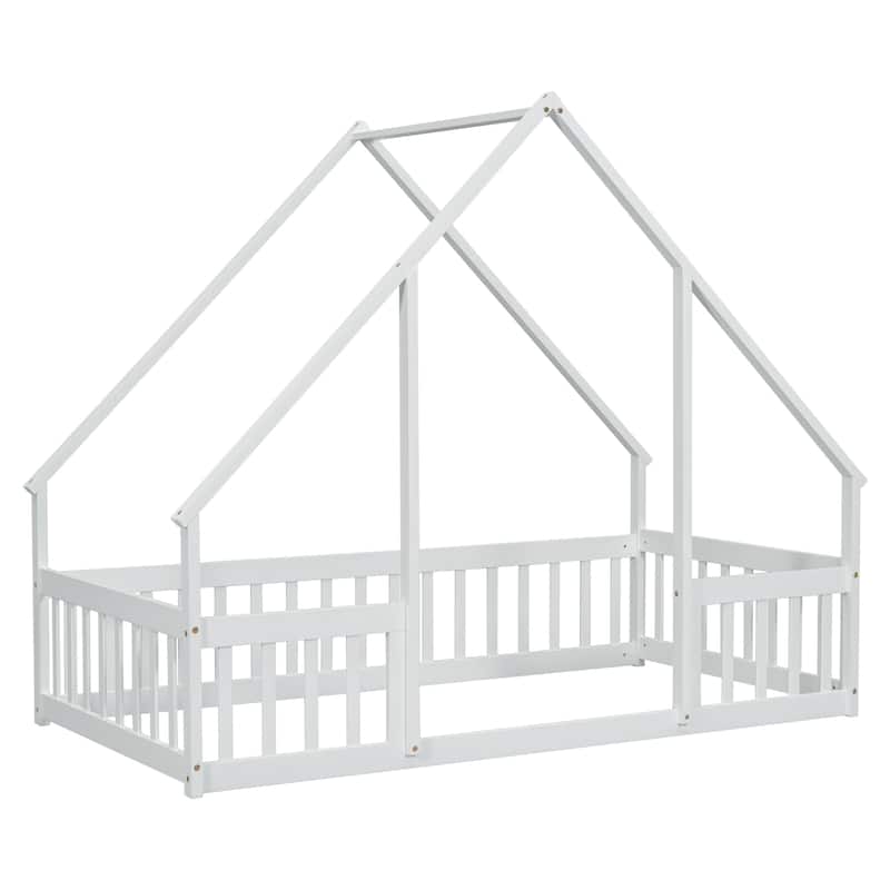 White Twin Size Pine Wood House-Shaped Floor Bed with Fence, Guardrails and Roof for Bedroom