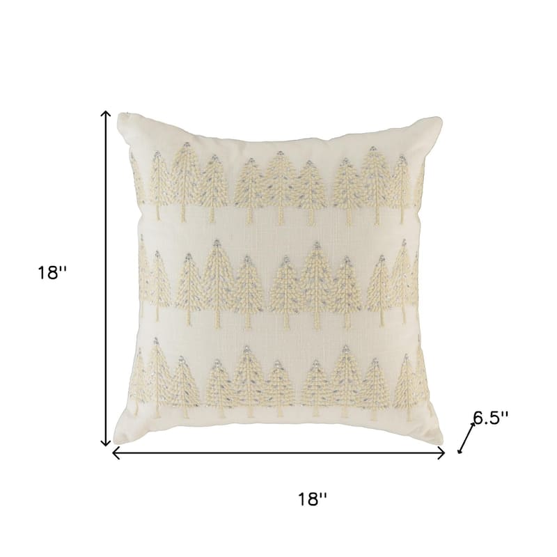 18" Ivory And Silver Cotton Christmas Trees Throw Pillow With Embroidery