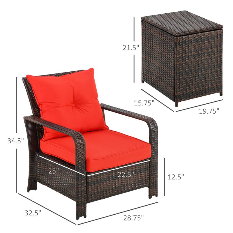 Outsunny 3 Piece PE Rattan Wicker Bistro Set with Cushions, Conversation Furniture Set for Backyard, Garden, Patio