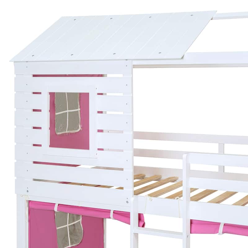 Pink+White Twin Size Solid Wood House Bunk Bed with Tent, Ladder and Fence for Kids, Bedroom