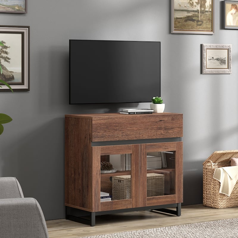 WAMPAT Modern TV Stand with Glass Doors for 110 inch TVs, Entertainment Center Console with 3 Drawers and Metal Base