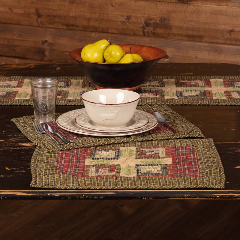 Tea Cabin Placemat Quilted Set of 6 12x18 - Placemat 12x18 - Placemat 12x18 - Set of 6 - Moss Green/Dark Khaki/Deep Red