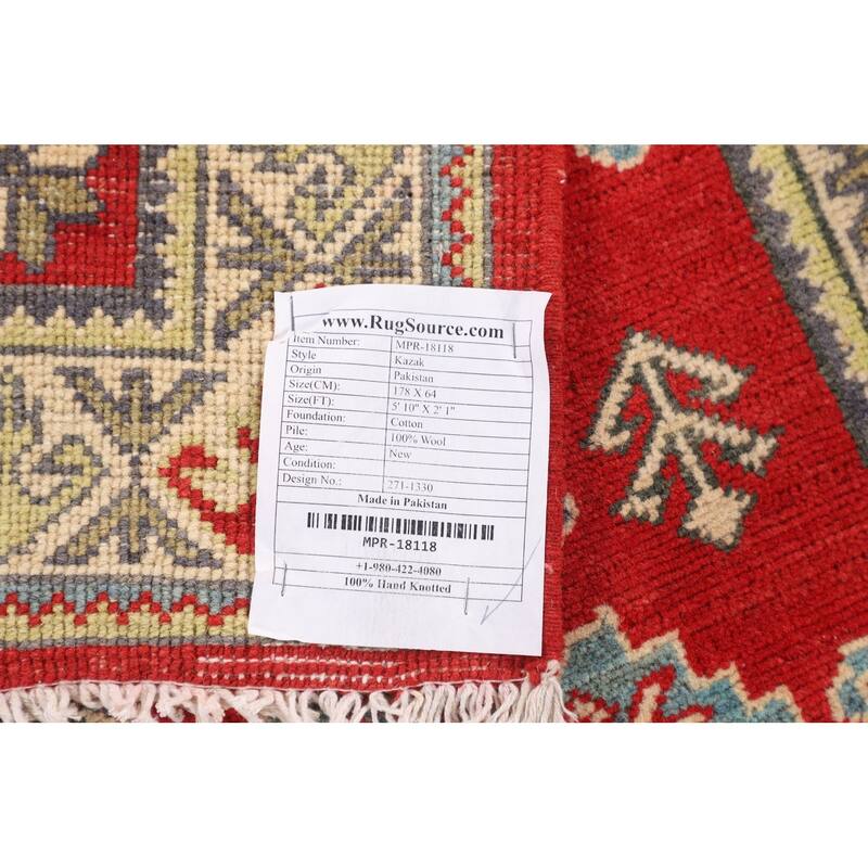 Red Geometric Kazak Oriental Runner Rug Handmade Wool Carpet - 2'1" x 5'10"