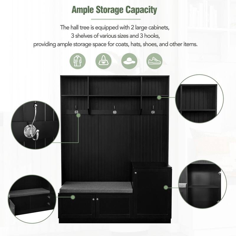 Hall Tree with Comfort and Storage Solutions, Functional Hallway Shoe Cabinet with Bench&Cushion, Modern Coat Rack with Hooks