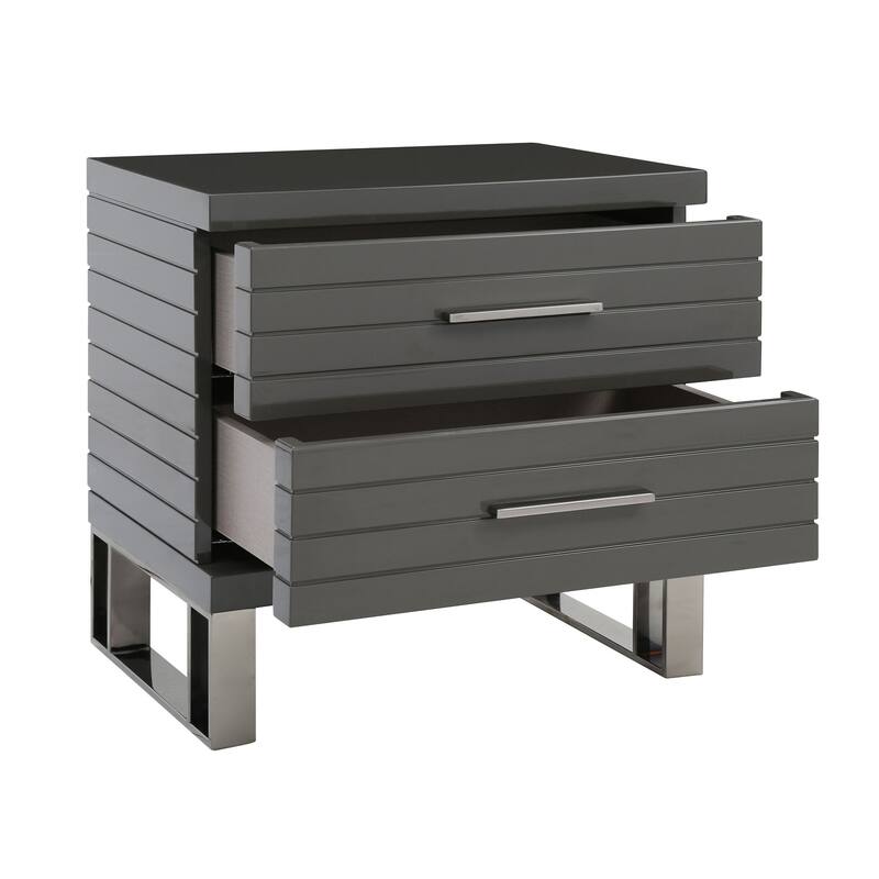 28 Inch Nightstand, 2 Drawers with Metal Handles, Slatted Design, Gray