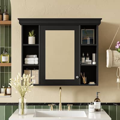 35'' x 28''Black Wall-Mounted Bathroom Cabinet with Mirror Door, Featuring 6 Shelves