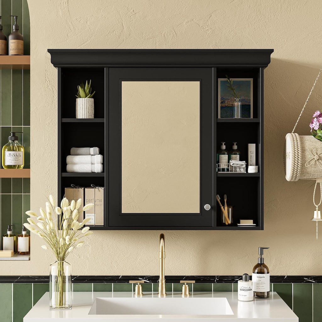 Roomfitters 35x28 Inch Wall Mounted Bathroom Storage Cabinet with Mirror Door and 6 Open Shelves