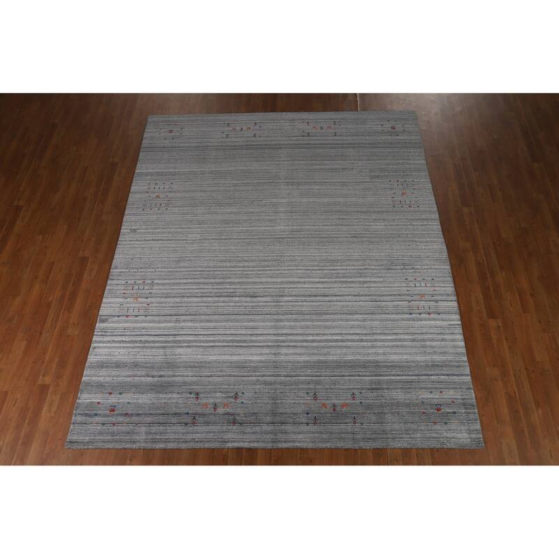 Hand Knotted Oriental 100% Wool Carpet Tribal Stripe Greys & Charcoal Gabbeh Area Rug - 9' 10'' X 8' 1''