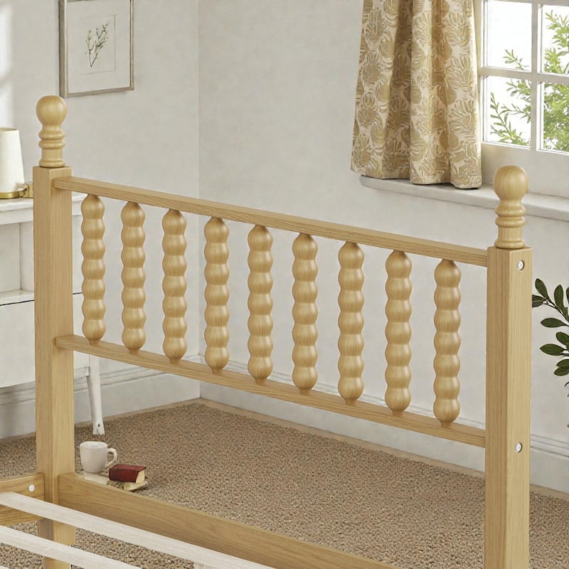 Retro Wood Platform Bed with Gourd Shaped Headboard, Wooden Slat Support, No Box Spring Needed