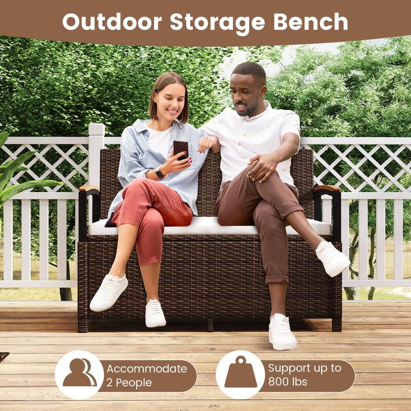 Gymax Outdoor Storage Bench w/Cushion Backrest & Acacia Wood Armrests