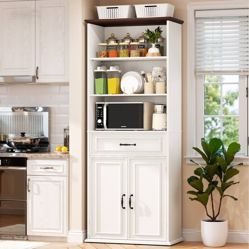 Farmhouse 25'' Kitchen Pantry Cabinet with Drawer ＆ Doors, Freestanding Cupboard with Storage Shelves for Kitchen, Dining Room - White+Walnut