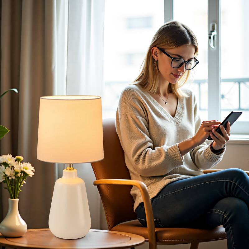 C Cattleya Modern Minimalist White Ceramic Table Lamp with Linen Fabric Shade