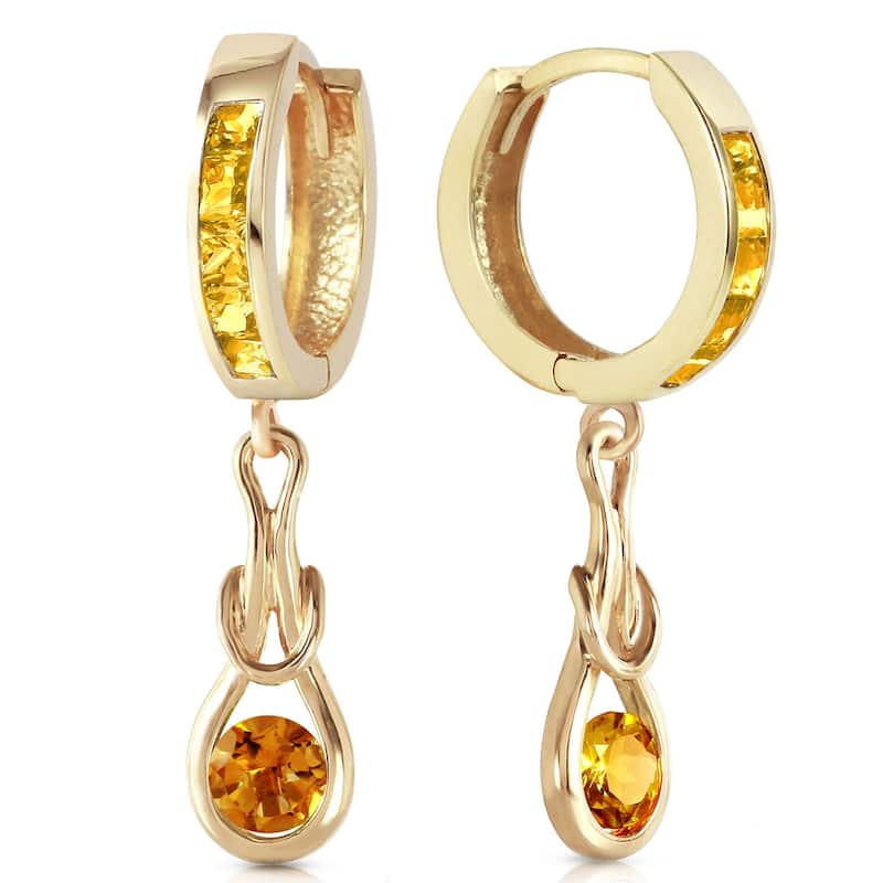 14K Solid Gold Huggie Gemstone Earrings Dangling Natural Citrine - Yellow