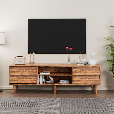 Black 63-Inch TV Stand with Storage Drawers & Shelves - Vintage Design, Solid Wood Legs
