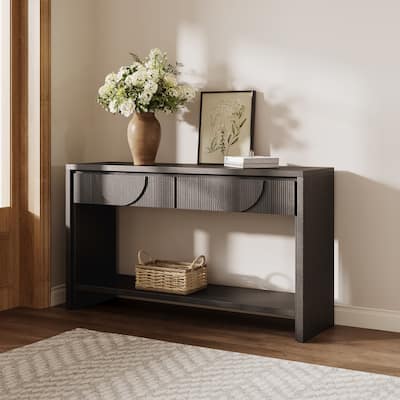 Console Table with Carved Drawers, Wood Sofa Table with Tiered Bottom Shelf, Entryway Accent Table for Living Room