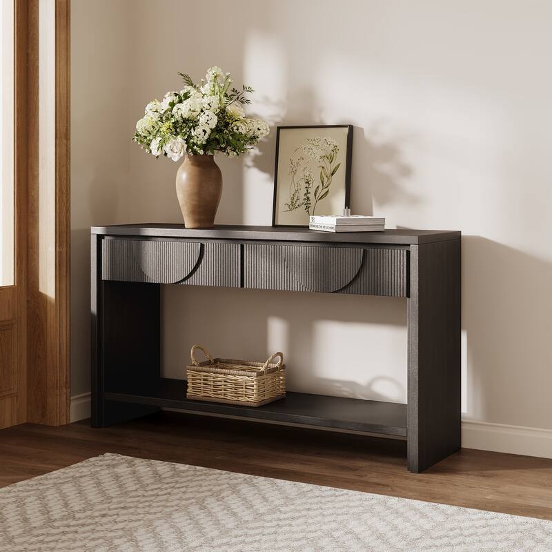 Farmhouse Style Console Table - 55.12" Long Distressed Wood Sofa Table with Storage Drawers & Open Shelf