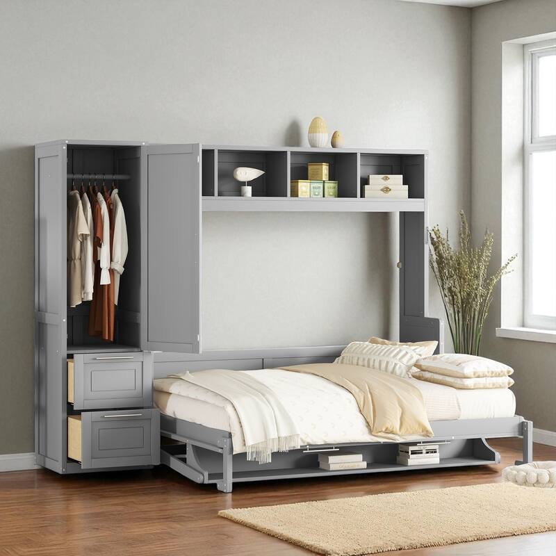 Queen Size Murphy Wall Bed with Closet and Drawers, Space Saving Foldable Bed with Storage Cabinet and Wardrobe