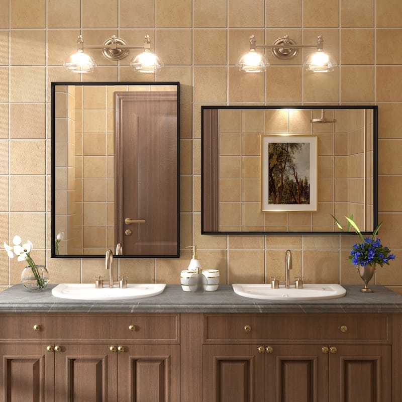 Full Size Metal Frame Wall Mirror Black Tempered Glass for Bathroom