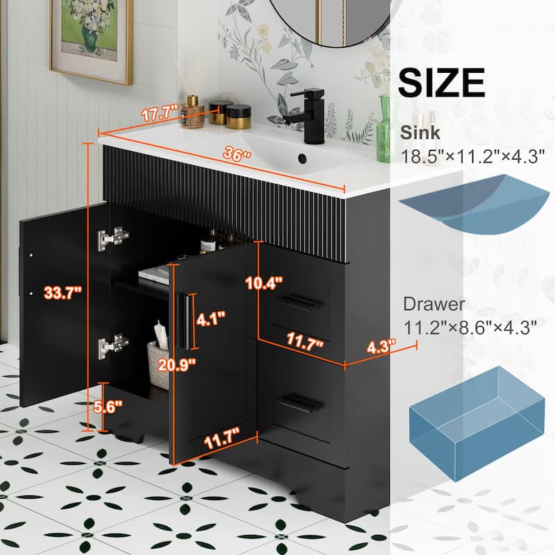 30"/36"/48" Single Bathroom Vanity Set with Drop in Sink Top with Wave Lines
