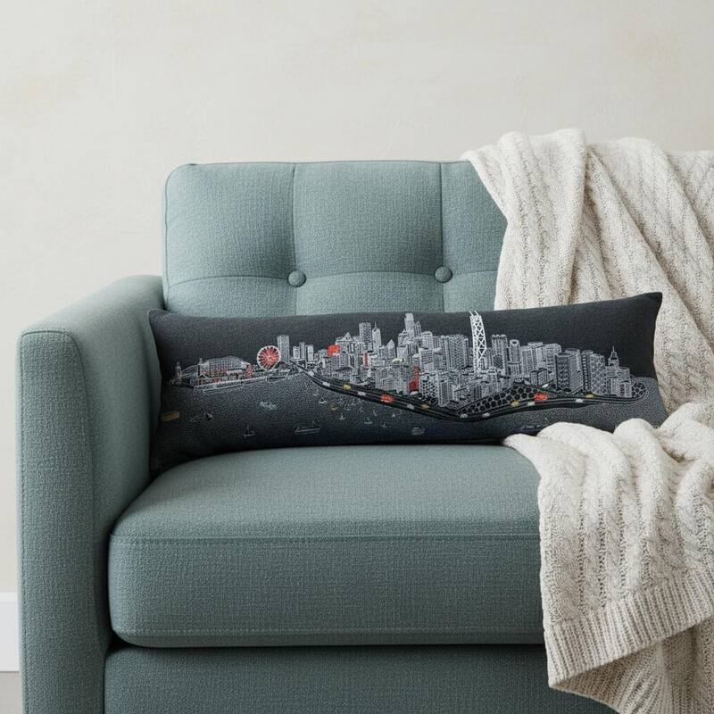 HomeRoots 14" X 45" Dark Gray And White Chicago Nighttime Skyline Lumbar Decorative Pillow