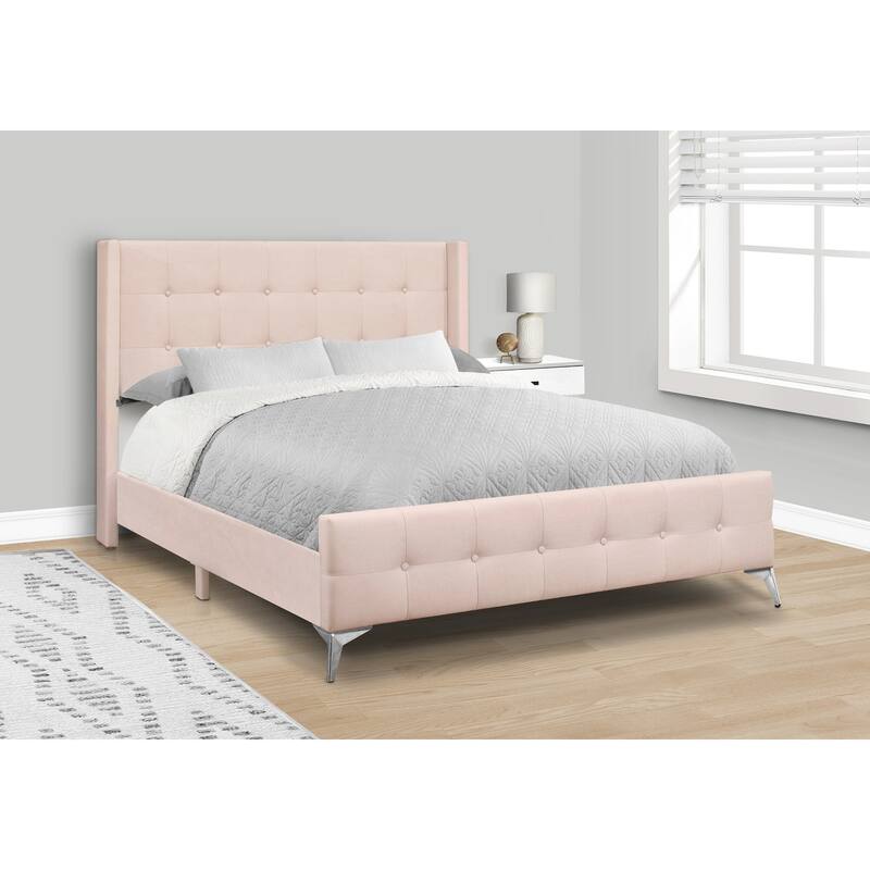 Queen Size Pink Velvet Upholstered Bed with Chrome Metal Legs - Pink