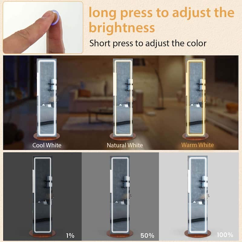 Costway 360° Swivel Jewelry Cabinet Organizer 3-Color LED Mirror with - See Details
