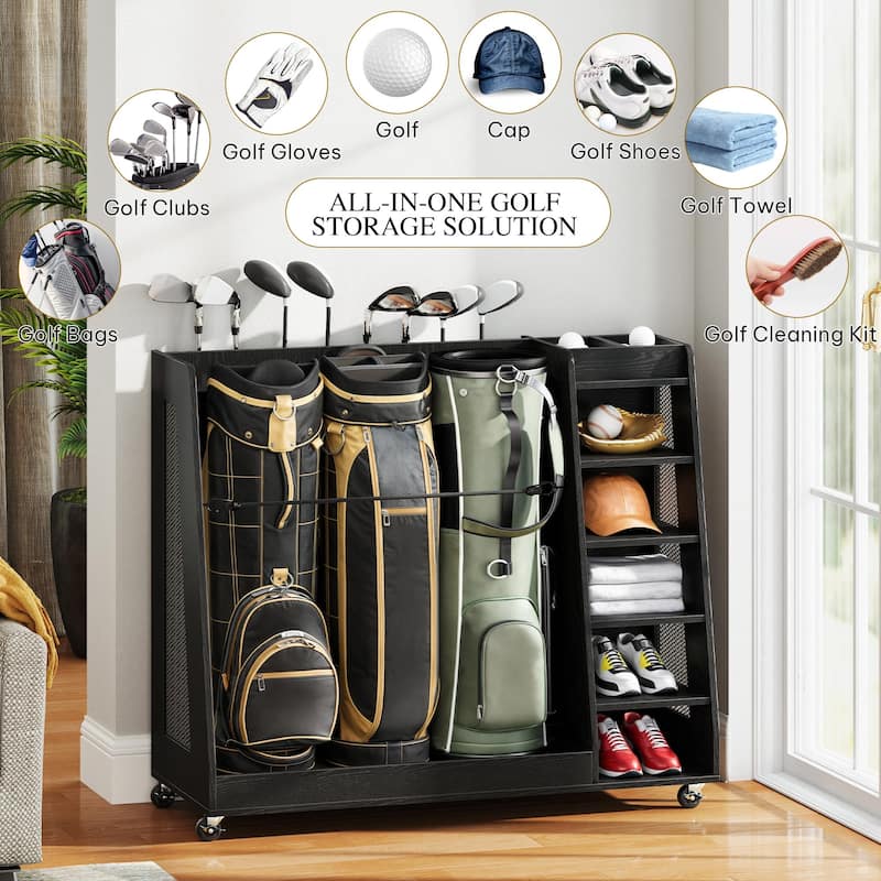Moasis Wooden Golf Bag Organizer with Wheels for 2 or 3 Bags and Accessories Storage