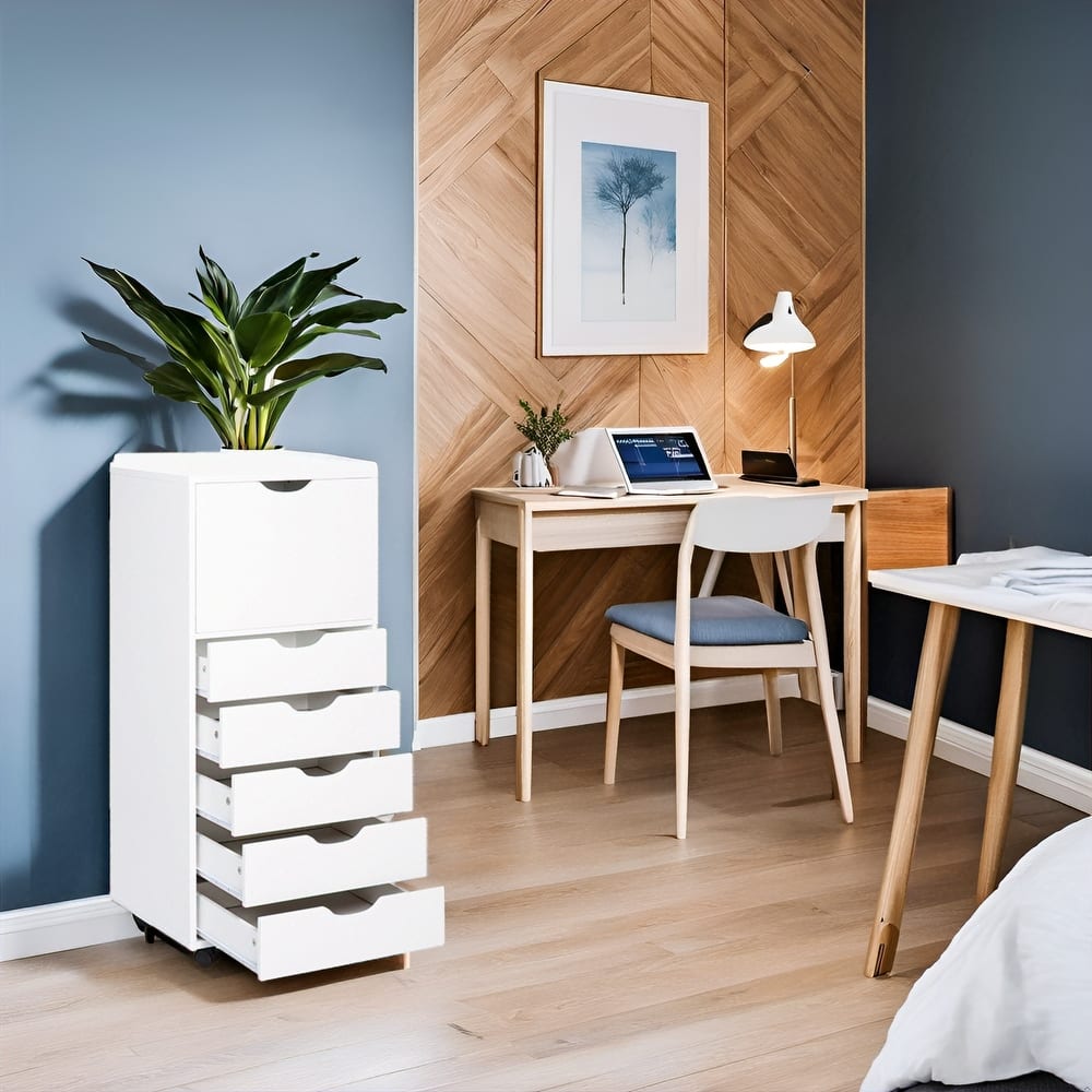 6 Drawer Wooden Dresser, Vertical Storage Cabinet with Makeup and Craft Organizer for Home Office